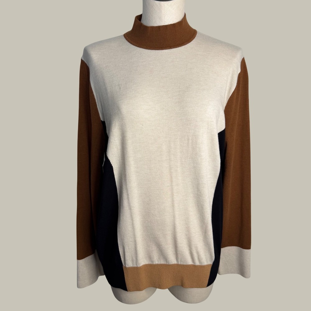 LOFT Womens XL Colorblock Mock Neck Sweater Brown Cream Black Fall